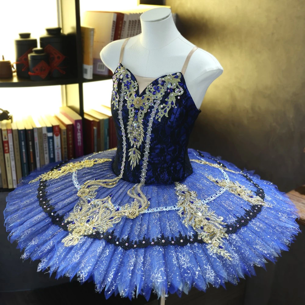 Tutu de plateau de ballet fait &agrave; la main en dentelle d&rsquo;or bleu royal