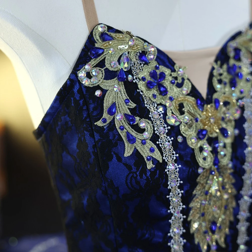 Tutu de plateau de ballet fait &agrave; la main en dentelle d&rsquo;or bleu royal