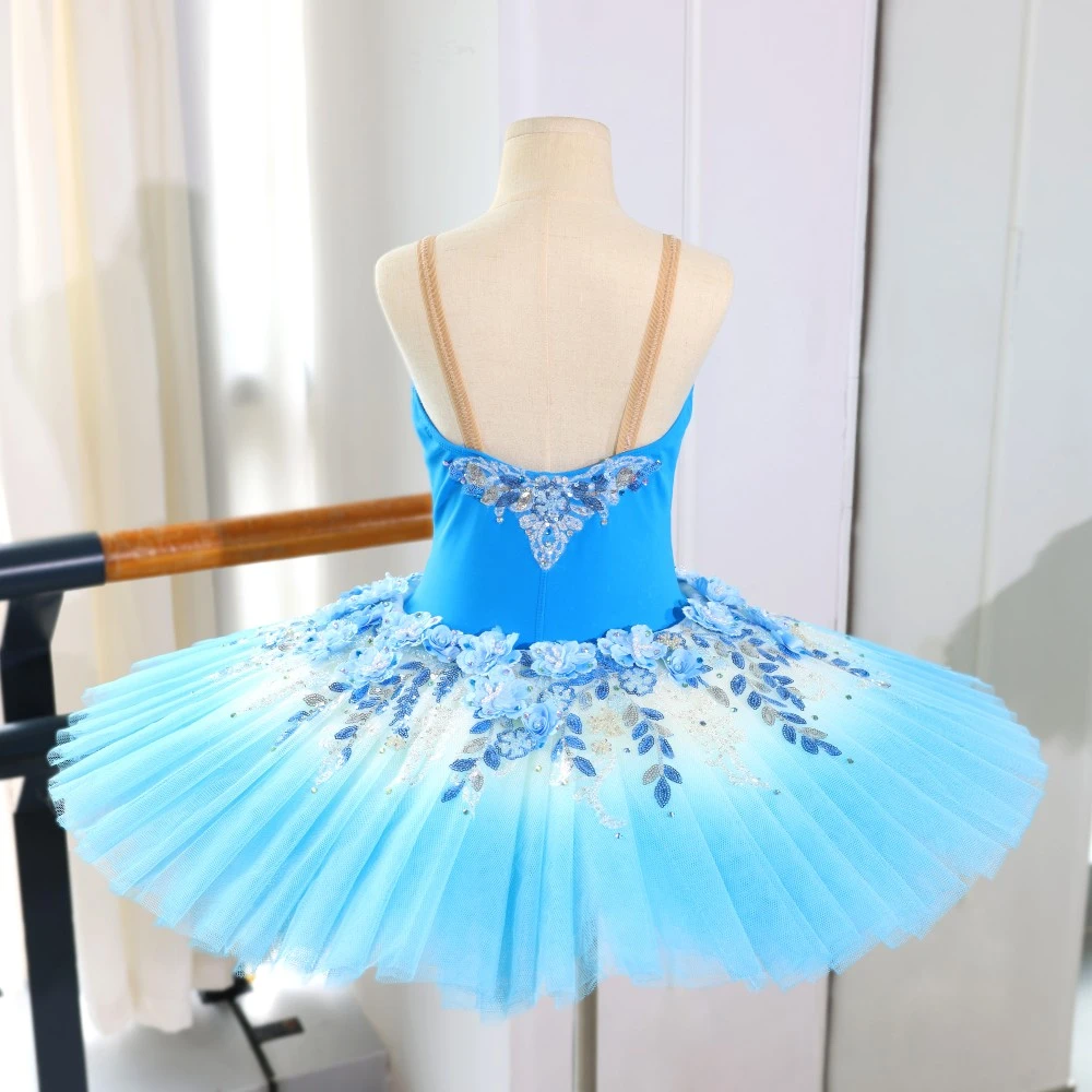 Robe tutu de ballet &agrave; paillettes florales bleues, costume de ballerine professionnelle