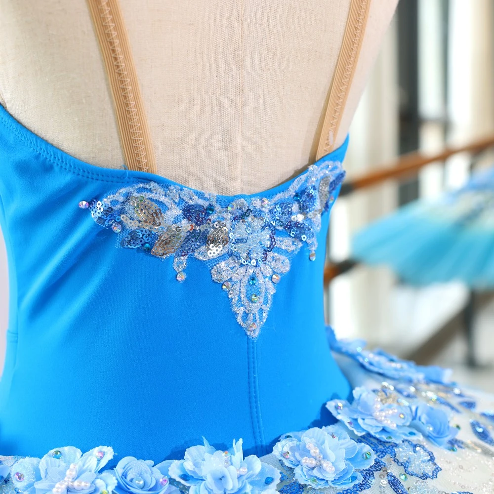 Robe tutu de ballet &agrave; paillettes florales bleues, costume de ballerine professionnelle