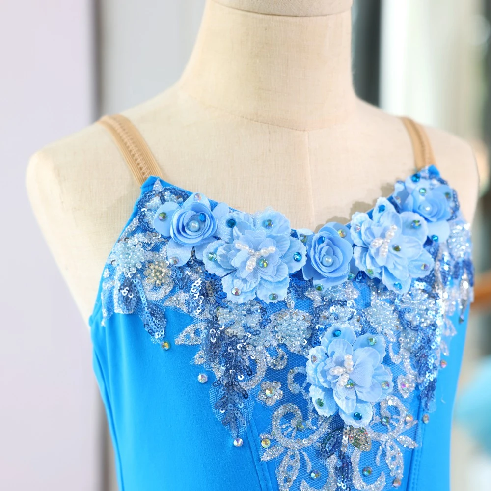 Robe tutu de ballet &agrave; paillettes florales bleues, costume de ballerine professionnelle