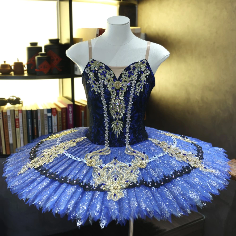 Tutu de plateau de ballet fait &agrave; la main en dentelle d&rsquo;or bleu royal