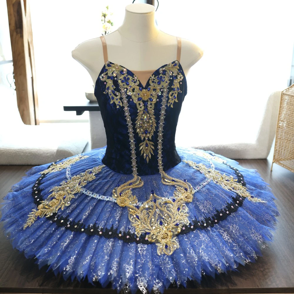 Tutu de plateau de ballet fait &agrave; la main en dentelle d&rsquo;or bleu royal