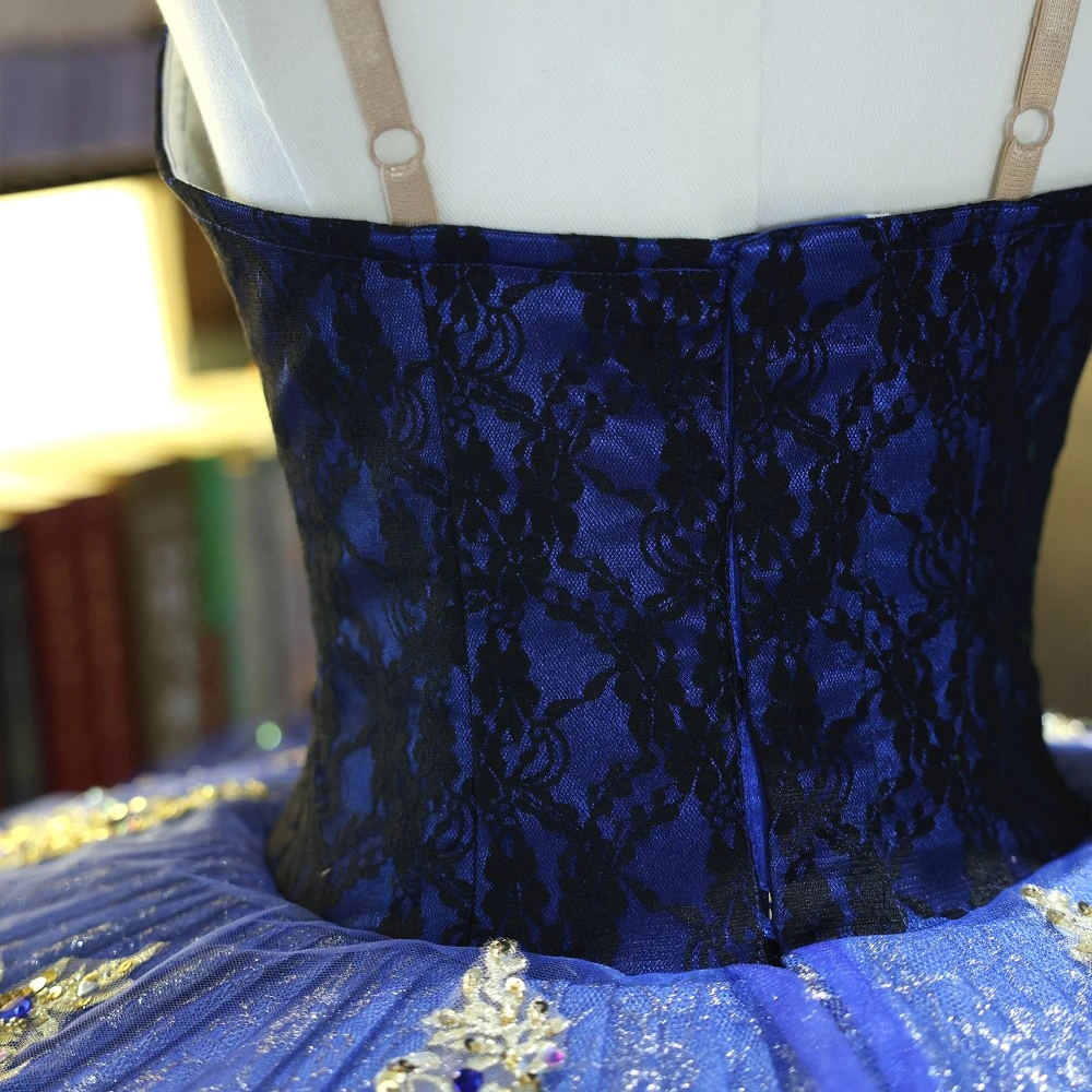 Tutu de plateau de ballet fait &agrave; la main en dentelle d&rsquo;or bleu royal
