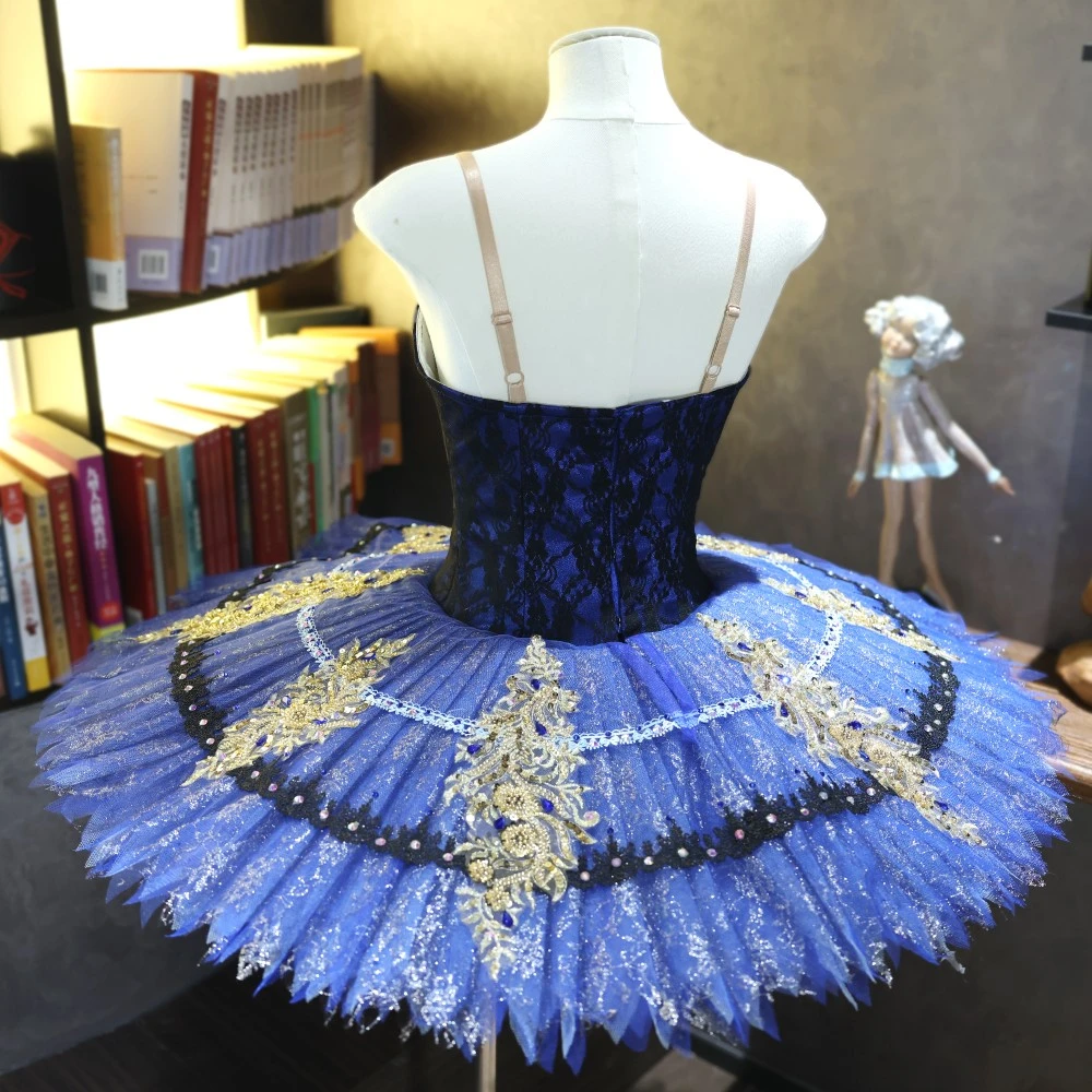 Tutu de plateau de ballet fait &agrave; la main en dentelle d&rsquo;or bleu royal