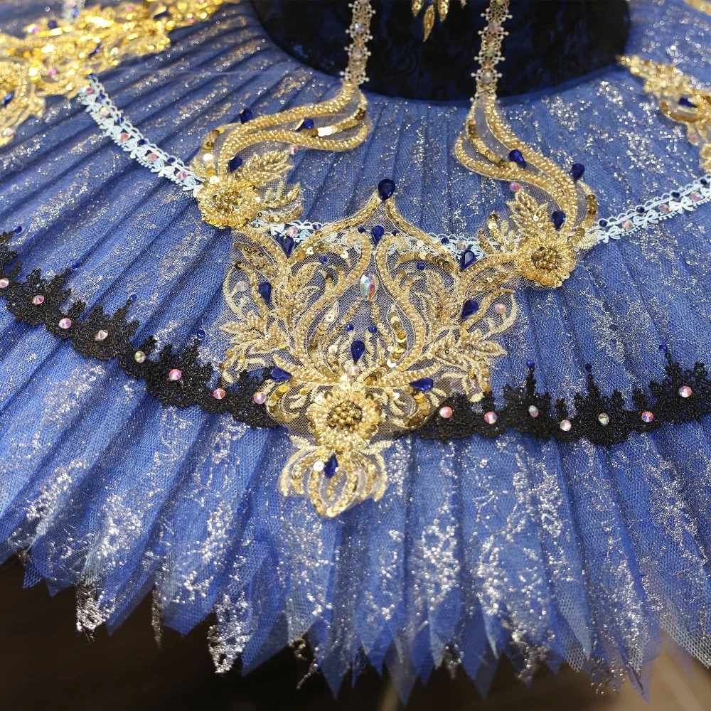 Tutu de plateau de ballet fait &agrave; la main en dentelle d&rsquo;or bleu royal