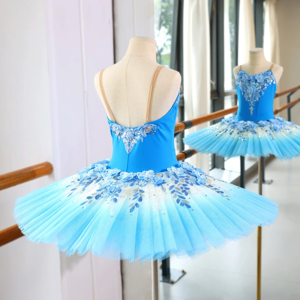 Robe tutu de ballet &agrave; paillettes florales bleues, costume de ballerine professionnelle