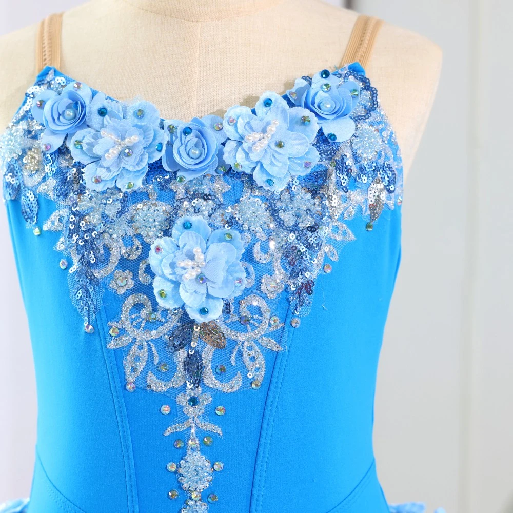 Robe tutu de ballet &agrave; paillettes florales bleues, costume de ballerine professionnelle