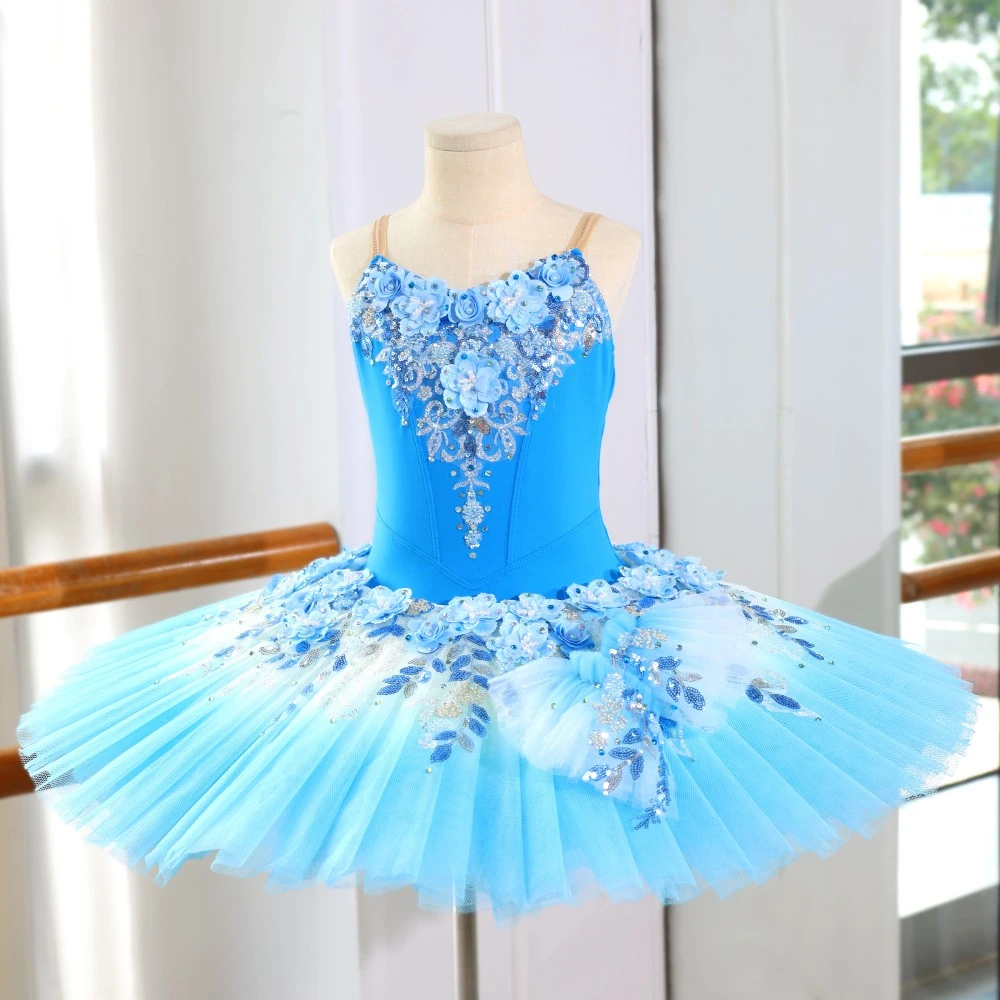Robe tutu de ballet &agrave; paillettes florales bleues, costume de ballerine professionnelle