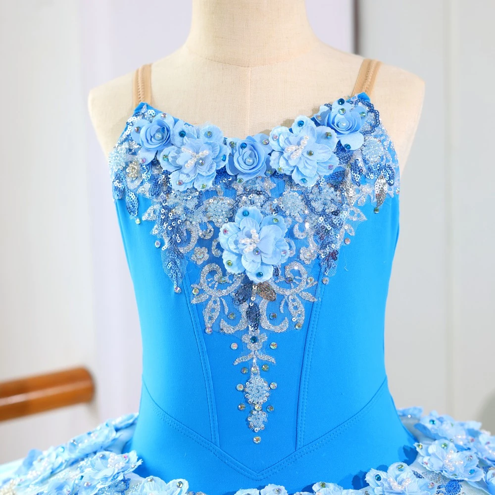 Robe tutu de ballet &agrave; paillettes florales bleues, costume de ballerine professionnelle