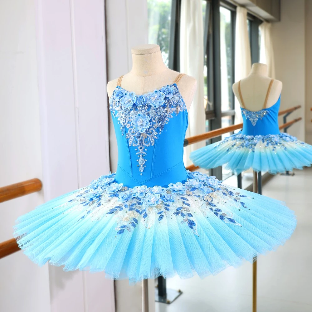 Robe tutu de ballet &agrave; paillettes florales bleues, costume de ballerine professionnelle