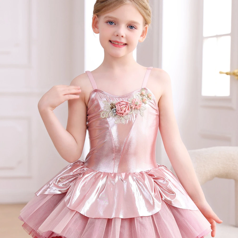 Robe Tutu de Ballet pour filles, motif Floral rose m&eacute;tallique, bretelles Spaghetti, Costume de spect
