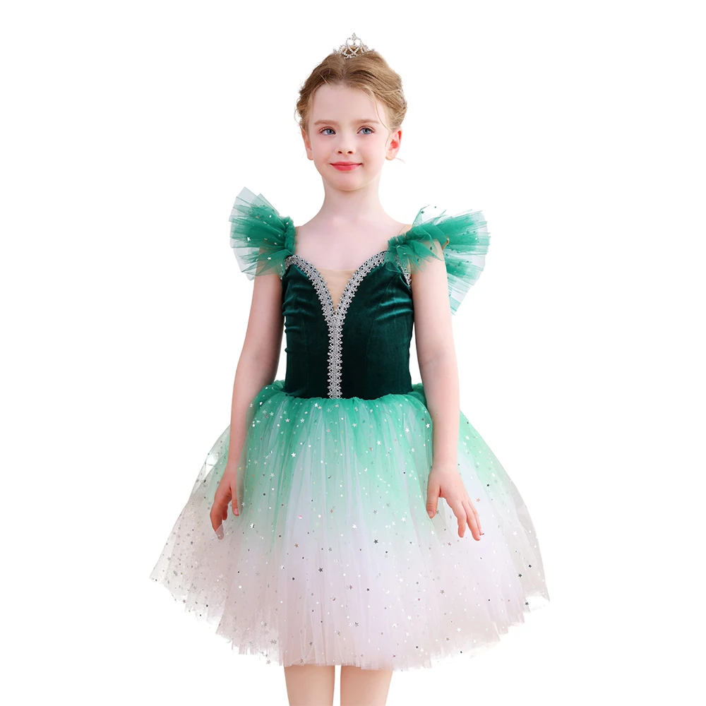 Robe Tutu de Ballet rouge ombr&eacute; scintillant pour filles, Costume de spectacle de danse en velours, C