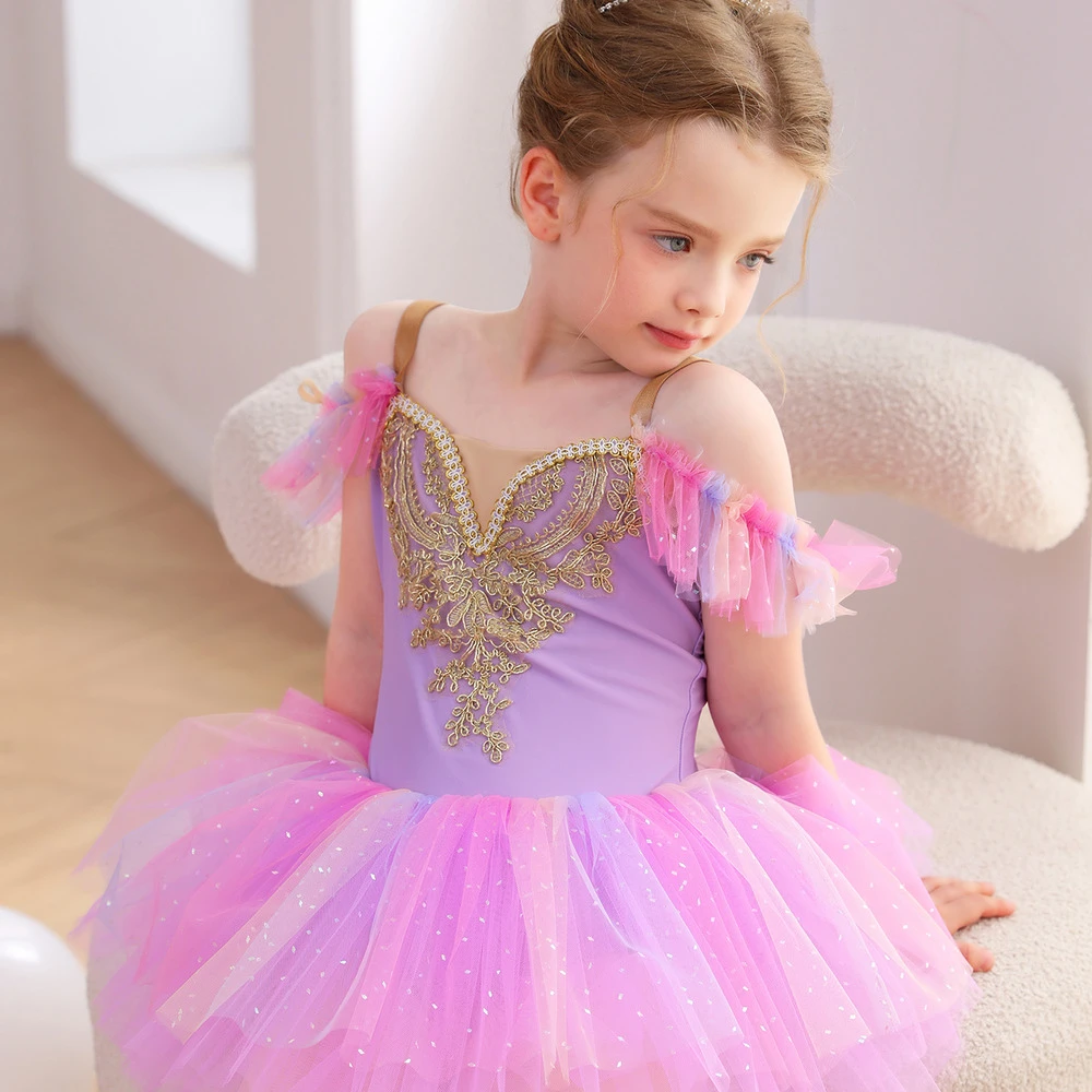 Justaucorps de ballet en dentelle rose pour filles, Tutu de princesse, Dress-ALP023