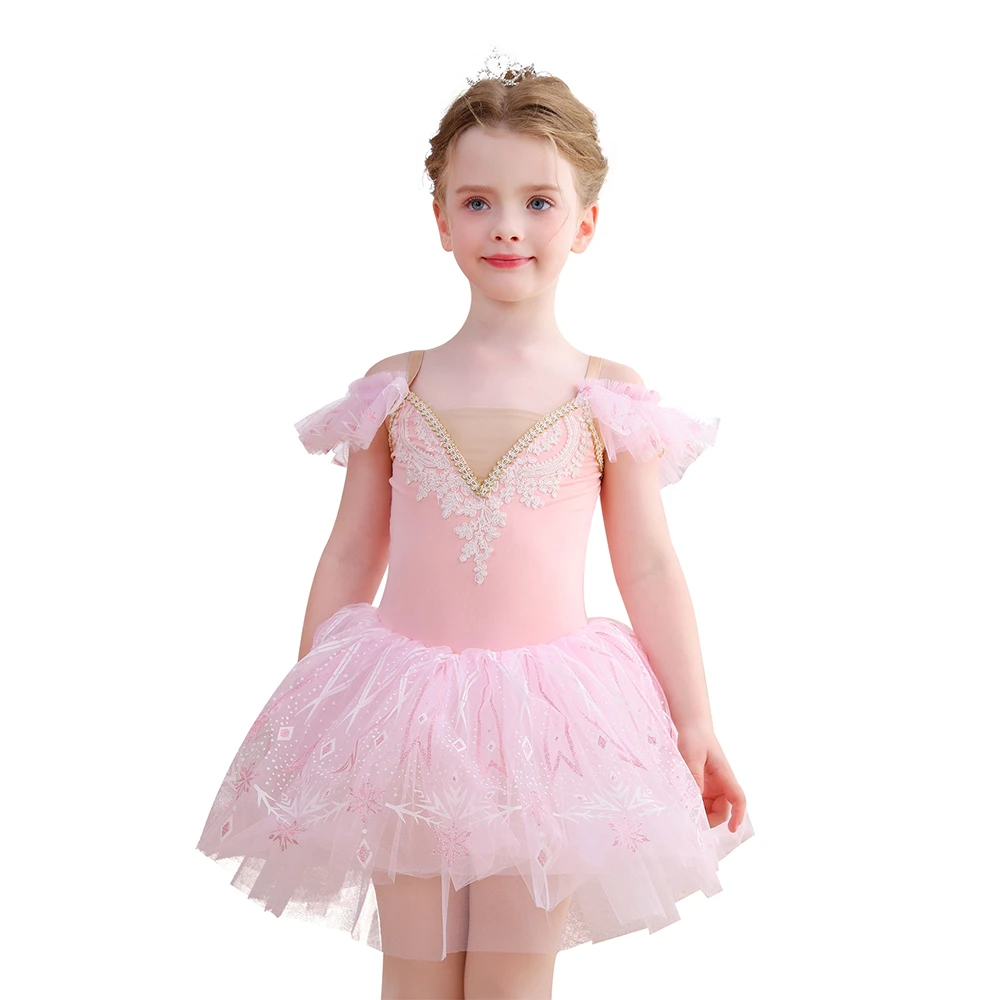 Robe Tutu de Ballet en dentelle flocon de neige pour filles, Costume de danse &agrave; manches &agrave; volants-AL