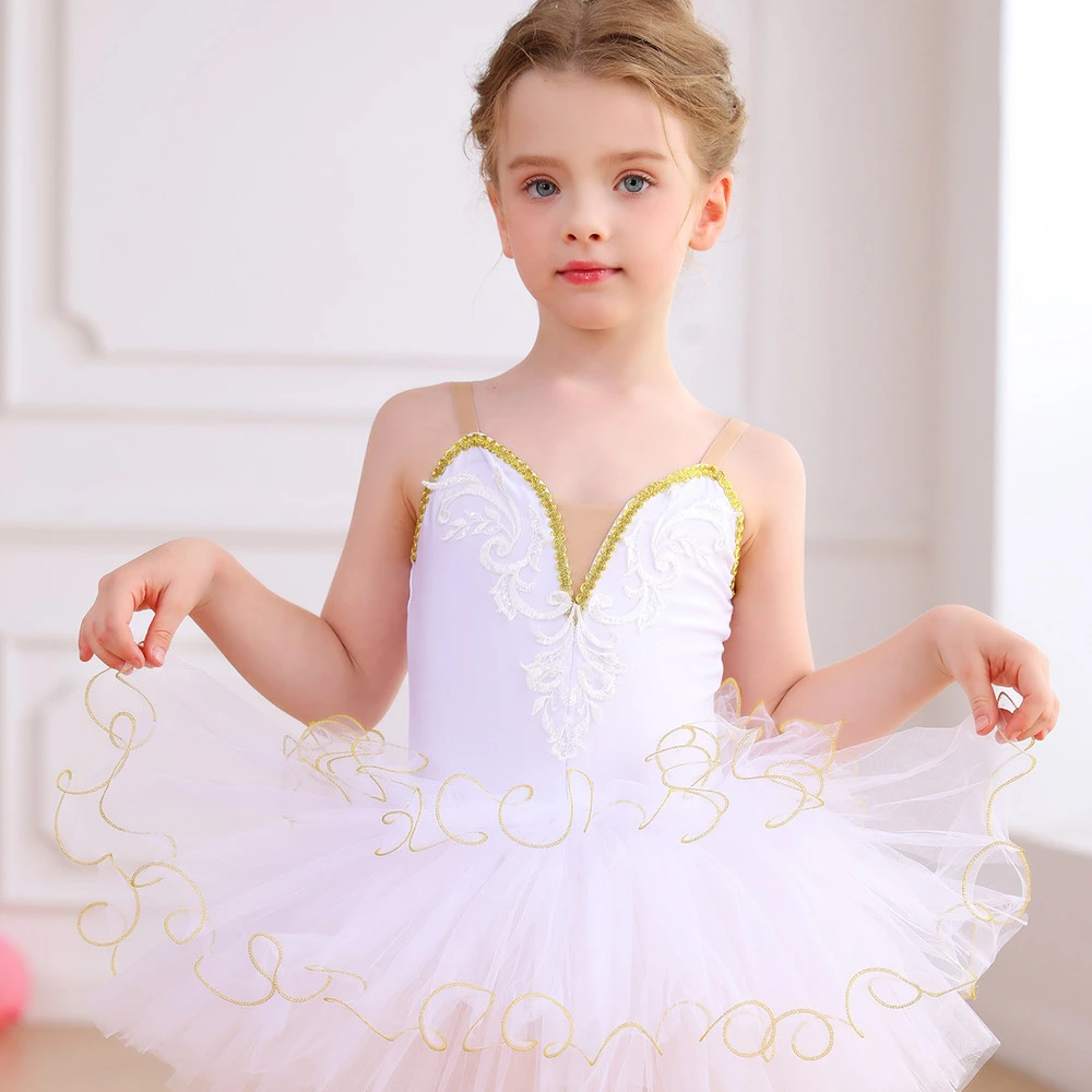 Robe Tutu de Ballet en dentelle dor&eacute;e pour filles, Costume de spectacle sur sc&egrave;ne pour enfants, Cost