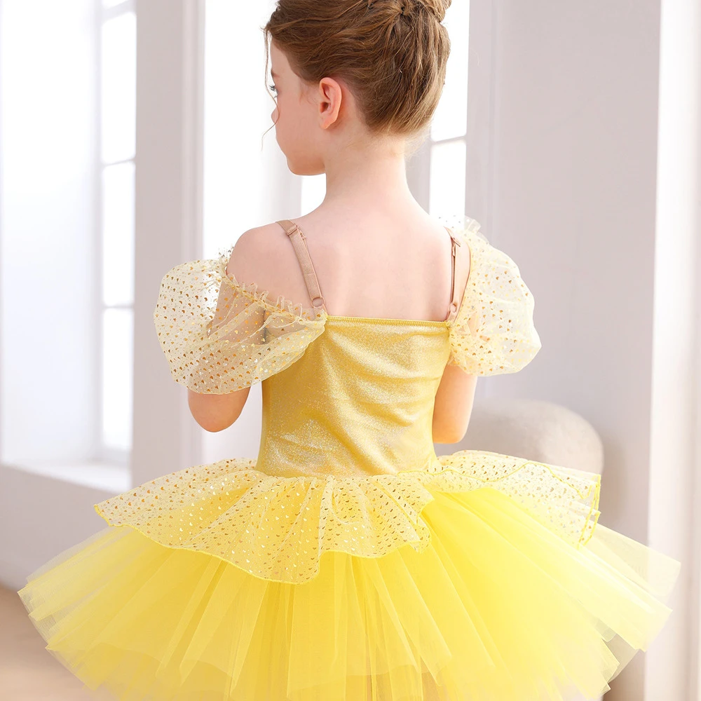 Robe Tutu de Ballet pour filles, &agrave; paillettes dor&eacute;es, &eacute;paules d&eacute;nud&eacute;es, princesse, spectacle sur sc&egrave;