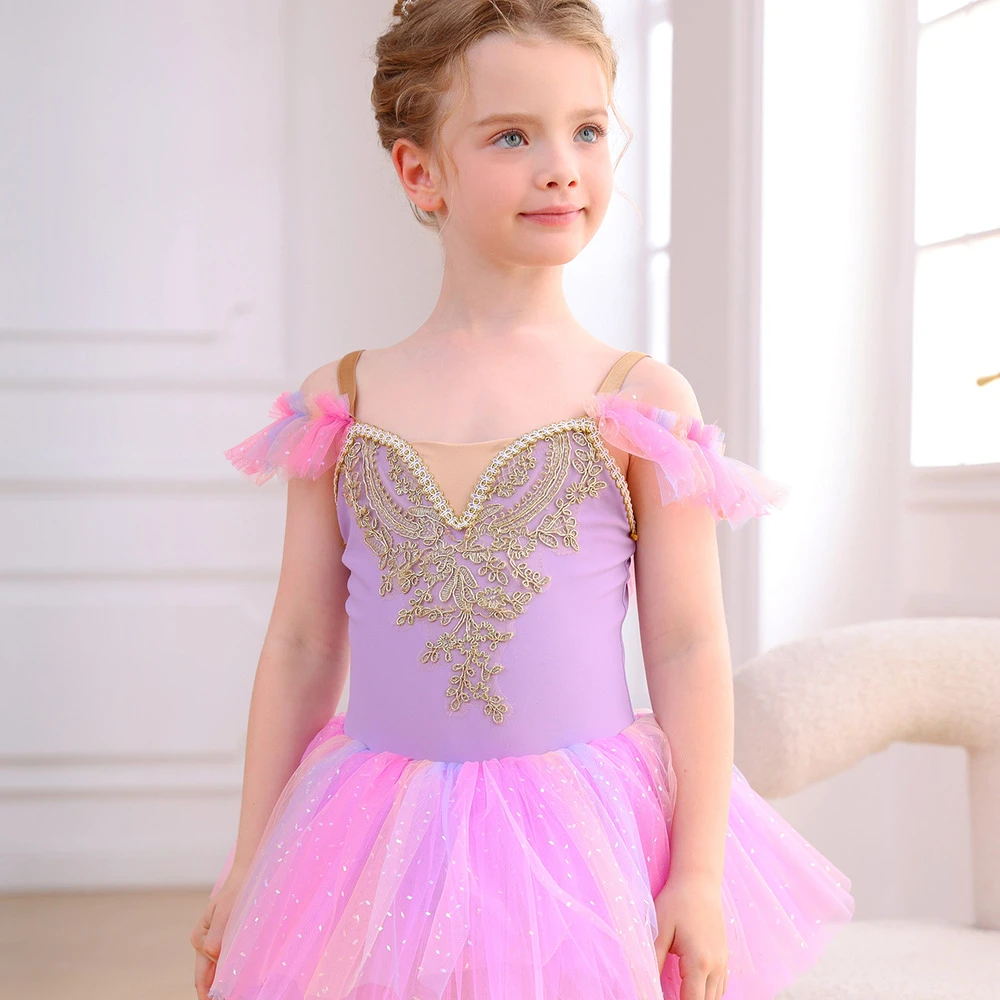 Justaucorps de ballet en dentelle rose pour filles, Tutu de princesse, Dress-ALP023