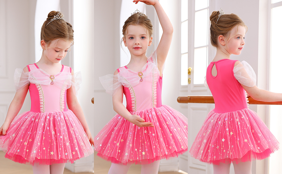 Robe Tutu de Ballet pour filles, rose vif, avec nœud à paillettes, étoile, Costume de spectacle de princesse pour enfants, Costume-ALP077