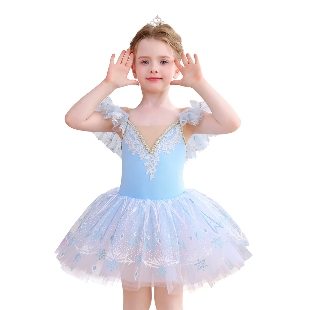 Robe Tutu de Ballet en dentelle flocon de neige pour filles, Costume de danse &agrave; manches &agrave; volants-AL
