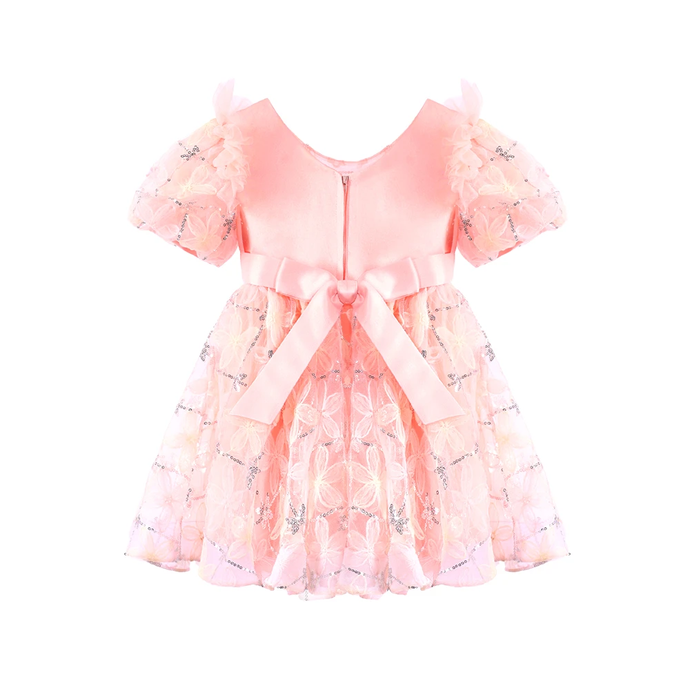 Robe de princesse rose &agrave; manches bouffantes et broderie florale pour filles, robe-XGZ9007