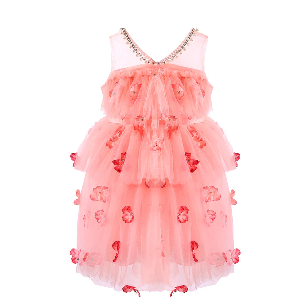 Robe de princesse en tulle rose pour filles avec fleurs 3D-XGZ8001
