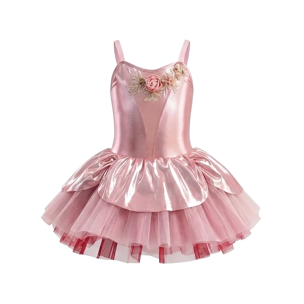 Robe Tutu de Ballet pour filles, motif Floral rose m&eacute;tallique, bretelles Spaghetti, Costume de spect