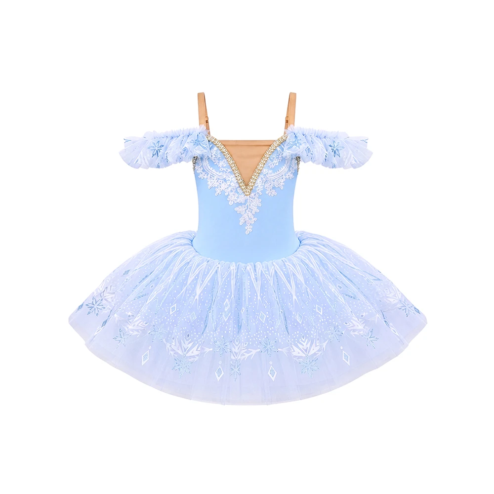 Robe Tutu de Ballet en dentelle flocon de neige pour filles, Costume de danse &agrave; manches &agrave; volants-AL
