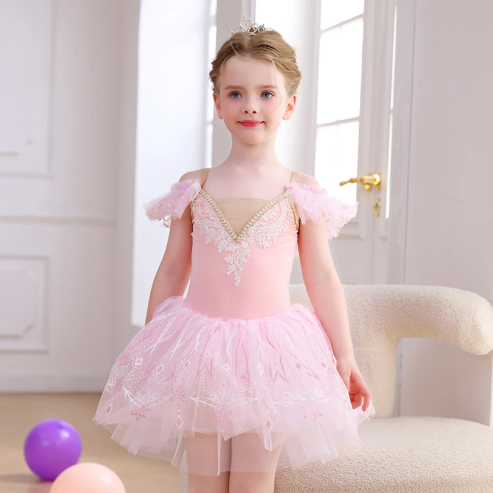 Robe Tutu de Ballet en dentelle flocon de neige pour filles, Costume de danse &agrave; manches &agrave; volants-AL
