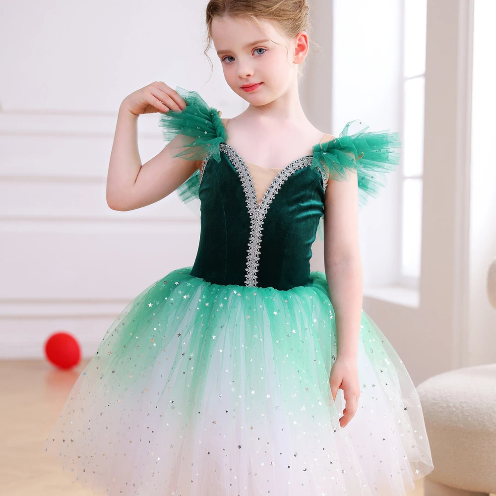 Robe Tutu de Ballet rouge ombr&eacute; scintillant pour filles, Costume de spectacle de danse en velours, C