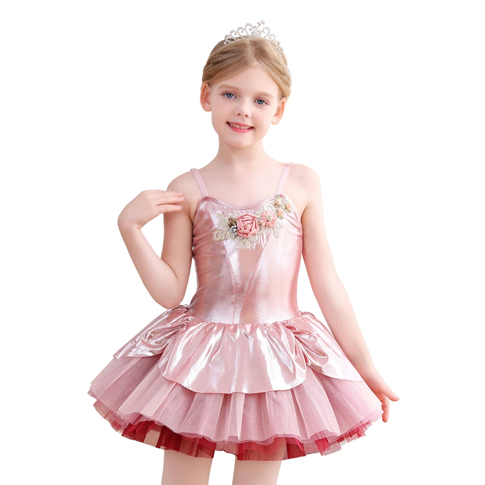Robe Tutu de Ballet pour filles, motif Floral rose m&eacute;tallique, bretelles Spaghetti, Costume de spect