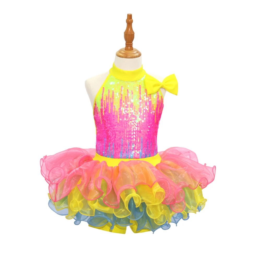 Costume de danse jazz pour enfants &agrave; paillettes arc-en-ciel-JSP018