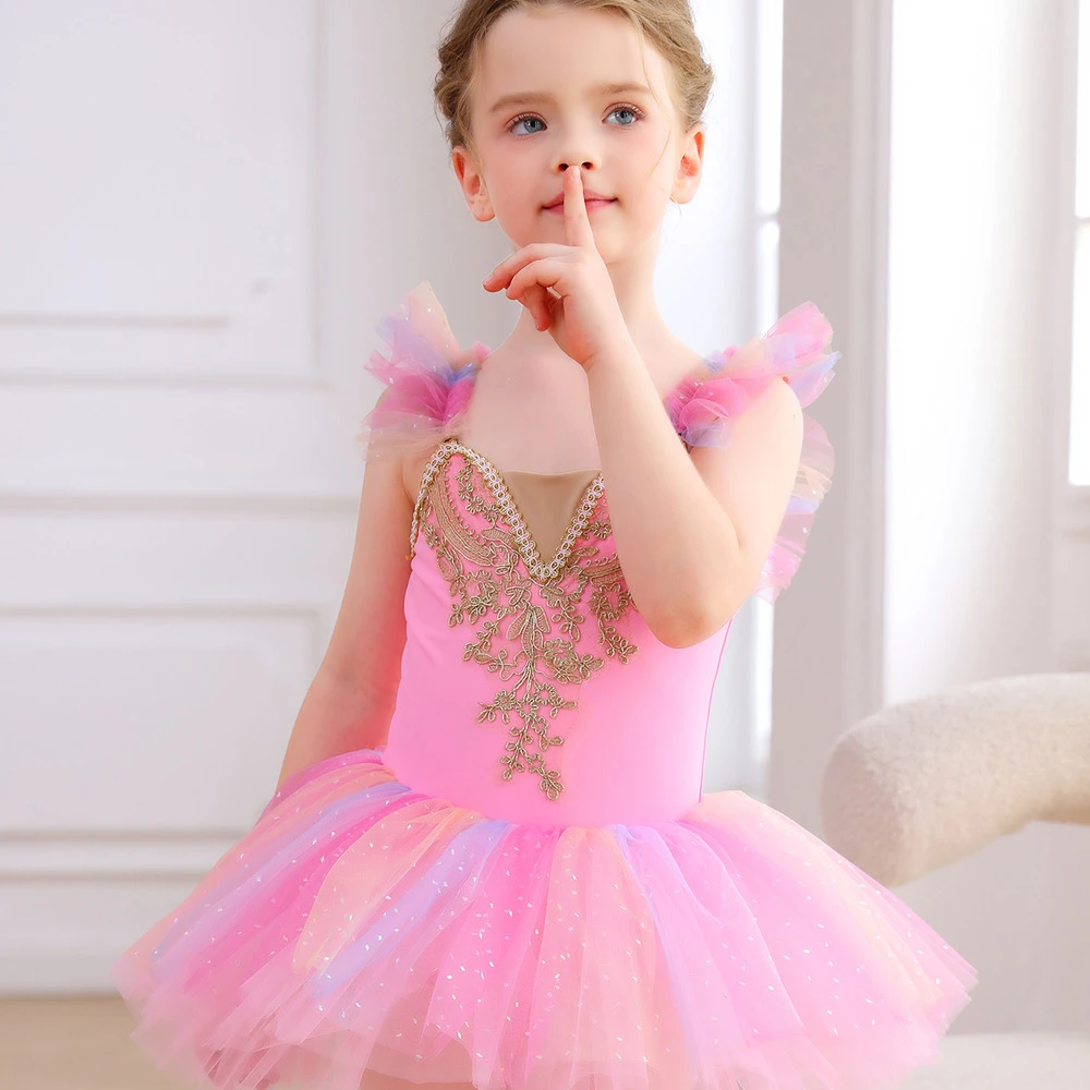 Justaucorps de ballet en dentelle rose pour filles, Tutu de princesse, Dress-ALP023