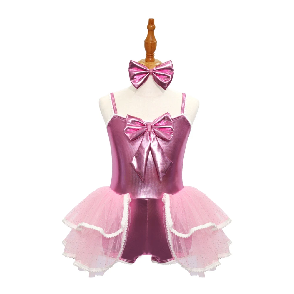 Justaucorps tutu de danse jazz rose avec n&oelig;ud-JSP009