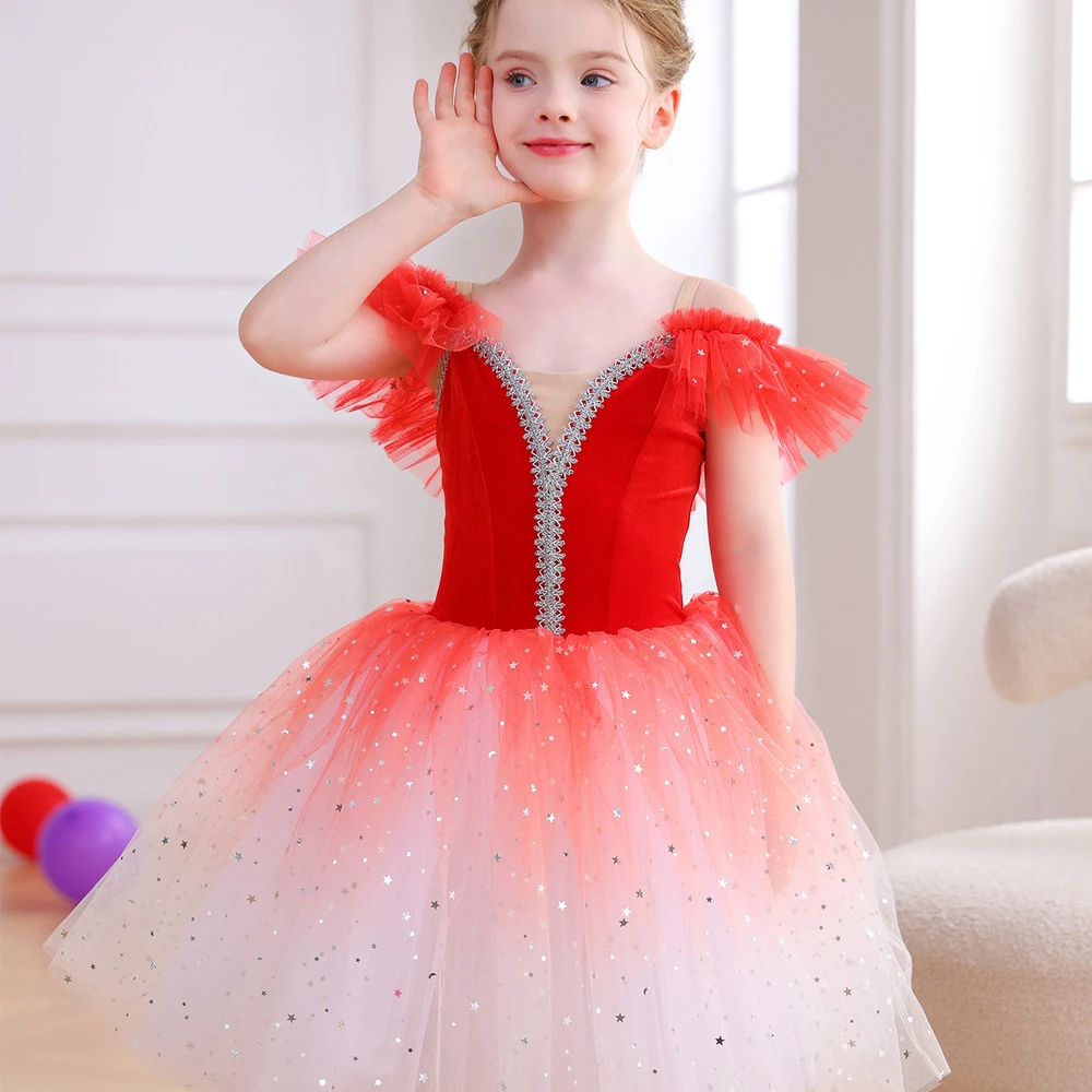 Robe Tutu de Ballet rouge ombr&eacute; scintillant pour filles, Costume de spectacle de danse en velours, C
