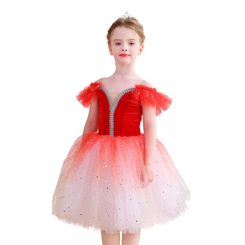 Robe Tutu de Ballet rouge ombr&eacute; scintillant pour filles, Costume de spectacle de danse en velours, C