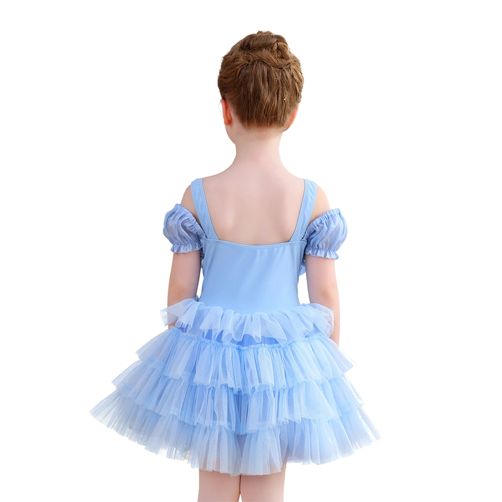Robe Tutu de Ballet pour filles, bleu clair, avec n&oelig;ud &agrave; paillettes, &eacute;paules d&eacute;nud&eacute;es, Costume de f&ecirc;