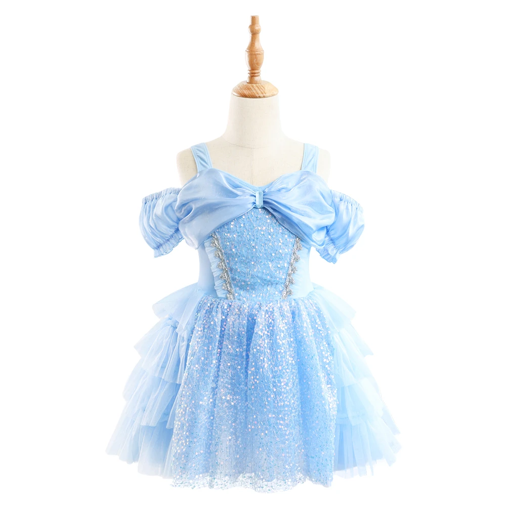 Robe Tutu de Ballet pour filles, bleu clair, avec n&oelig;ud &agrave; paillettes, &eacute;paules d&eacute;nud&eacute;es, Costume de f&ecirc;