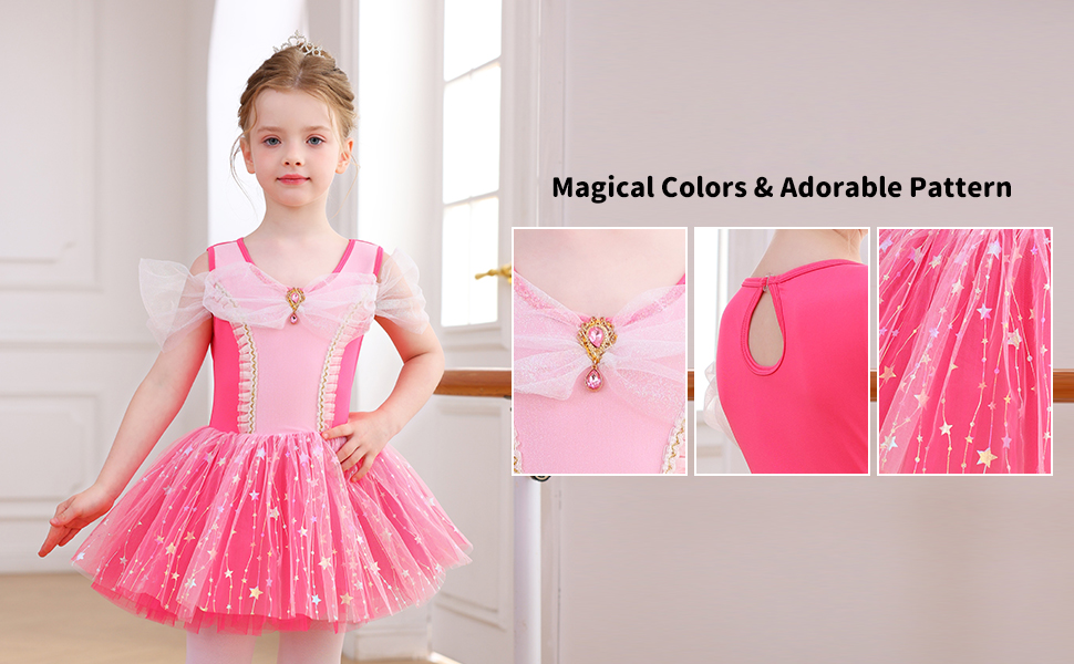 Robe Tutu de Ballet pour filles, rose vif, avec nœud à paillettes, étoile, Costume de spectacle de princesse pour enfants, Costume-ALP077