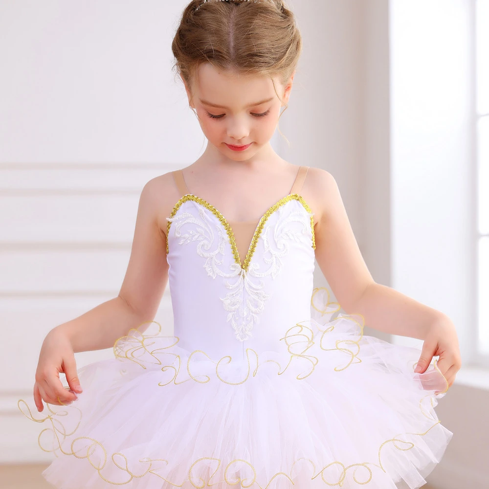 Robe Tutu de Ballet en dentelle dor&eacute;e pour filles, Costume de spectacle sur sc&egrave;ne pour enfants, Cost