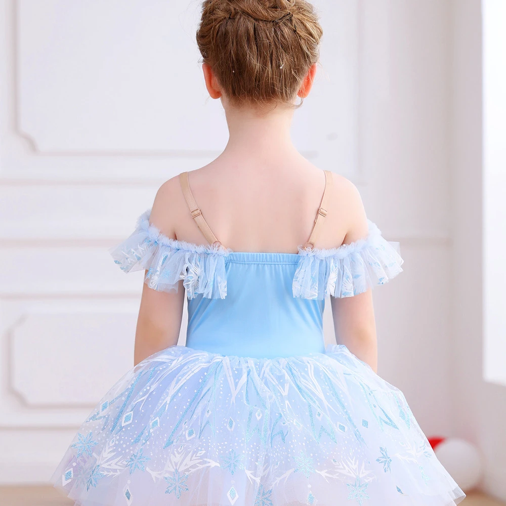 Robe Tutu de Ballet en dentelle flocon de neige pour filles, Costume de danse &agrave; manches &agrave; volants-AL