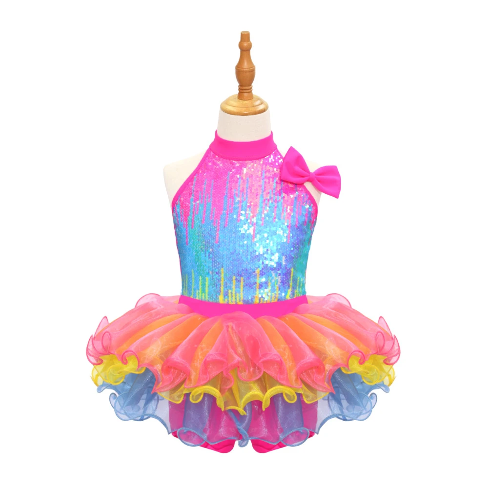 Costume de danse jazz pour enfants &agrave; paillettes arc-en-ciel-JSP018