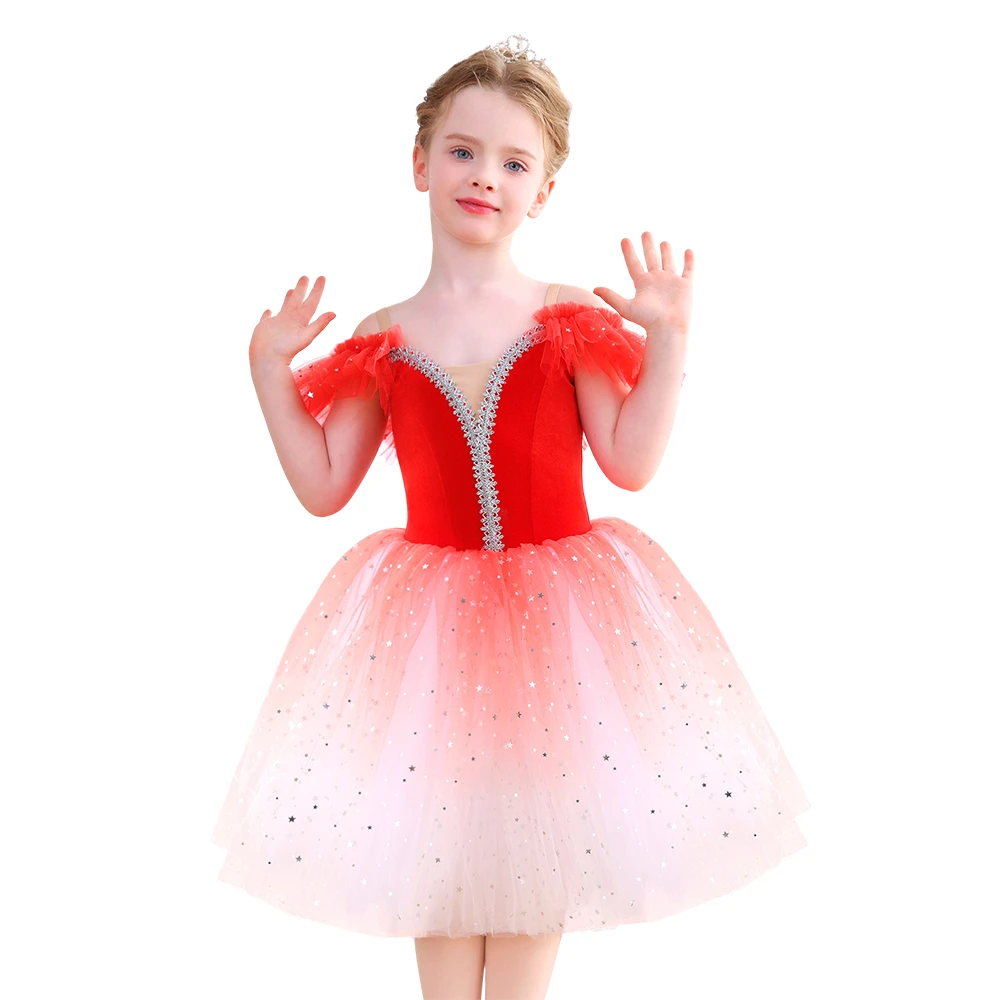 Robe Tutu de Ballet rouge ombr&eacute; scintillant pour filles, Costume de spectacle de danse en velours, C