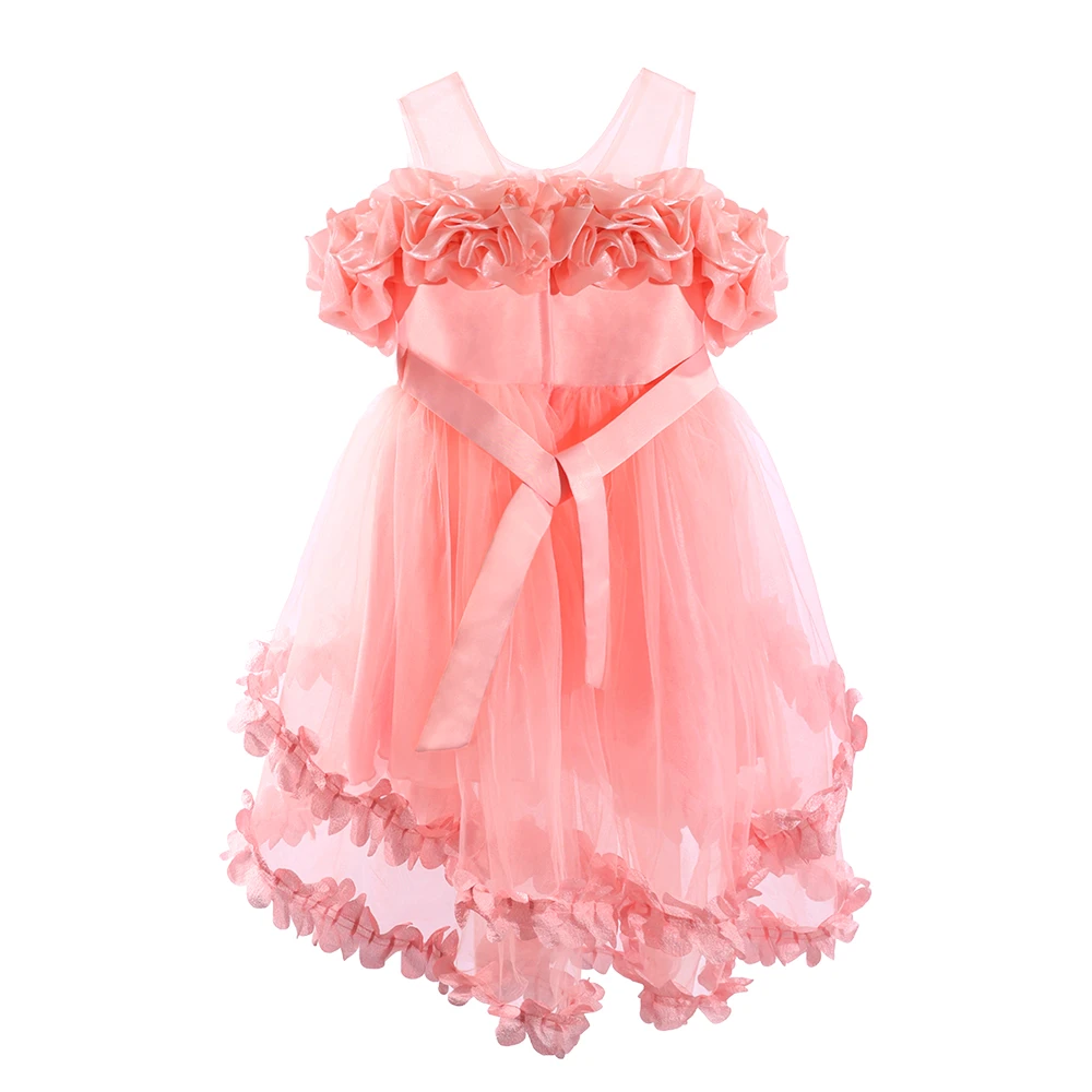 Robe de princesse rose &agrave; volants avec fleurs 3D pour filles, XGZ9006
