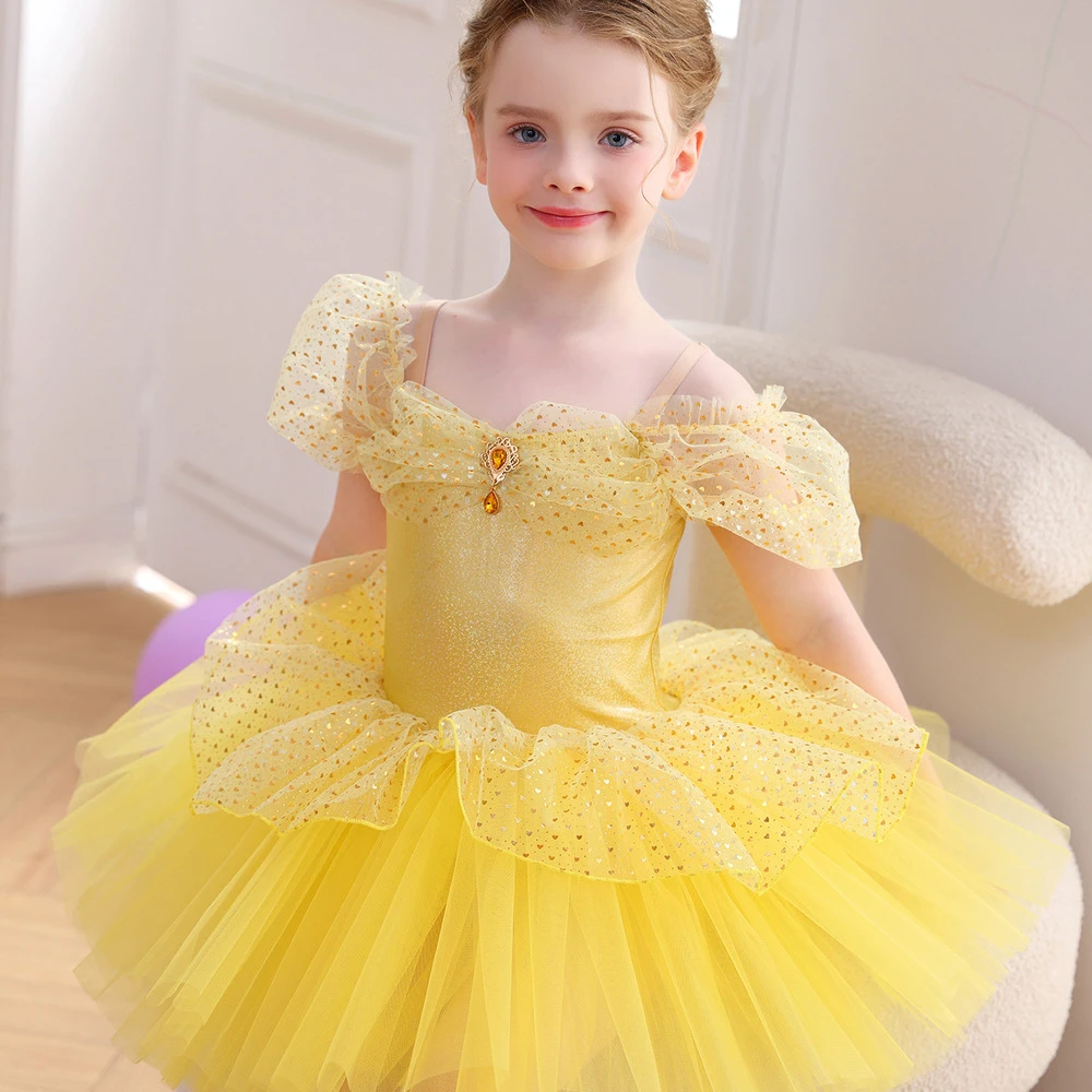 Robe Tutu de Ballet pour filles, &agrave; paillettes dor&eacute;es, &eacute;paules d&eacute;nud&eacute;es, princesse, spectacle sur sc&egrave;