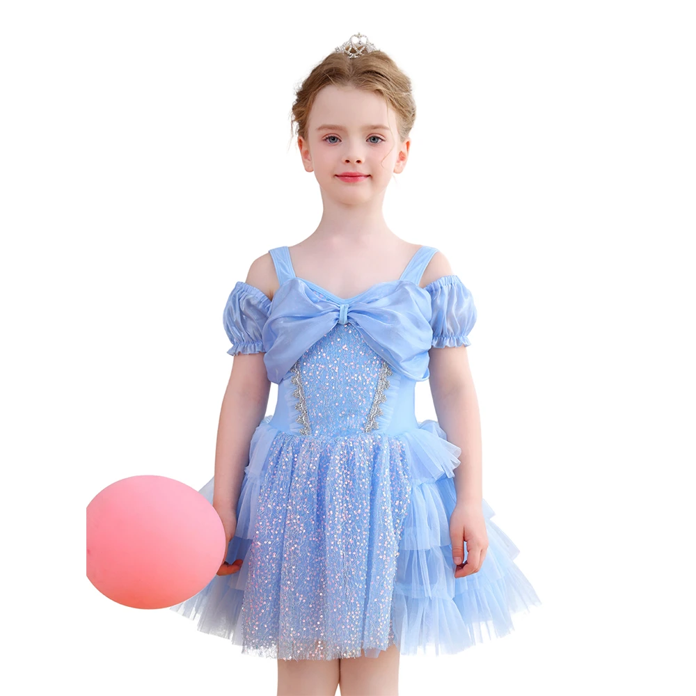 Robe Tutu de Ballet pour filles, bleu clair, avec n&oelig;ud &agrave; paillettes, &eacute;paules d&eacute;nud&eacute;es, Costume de f&ecirc;