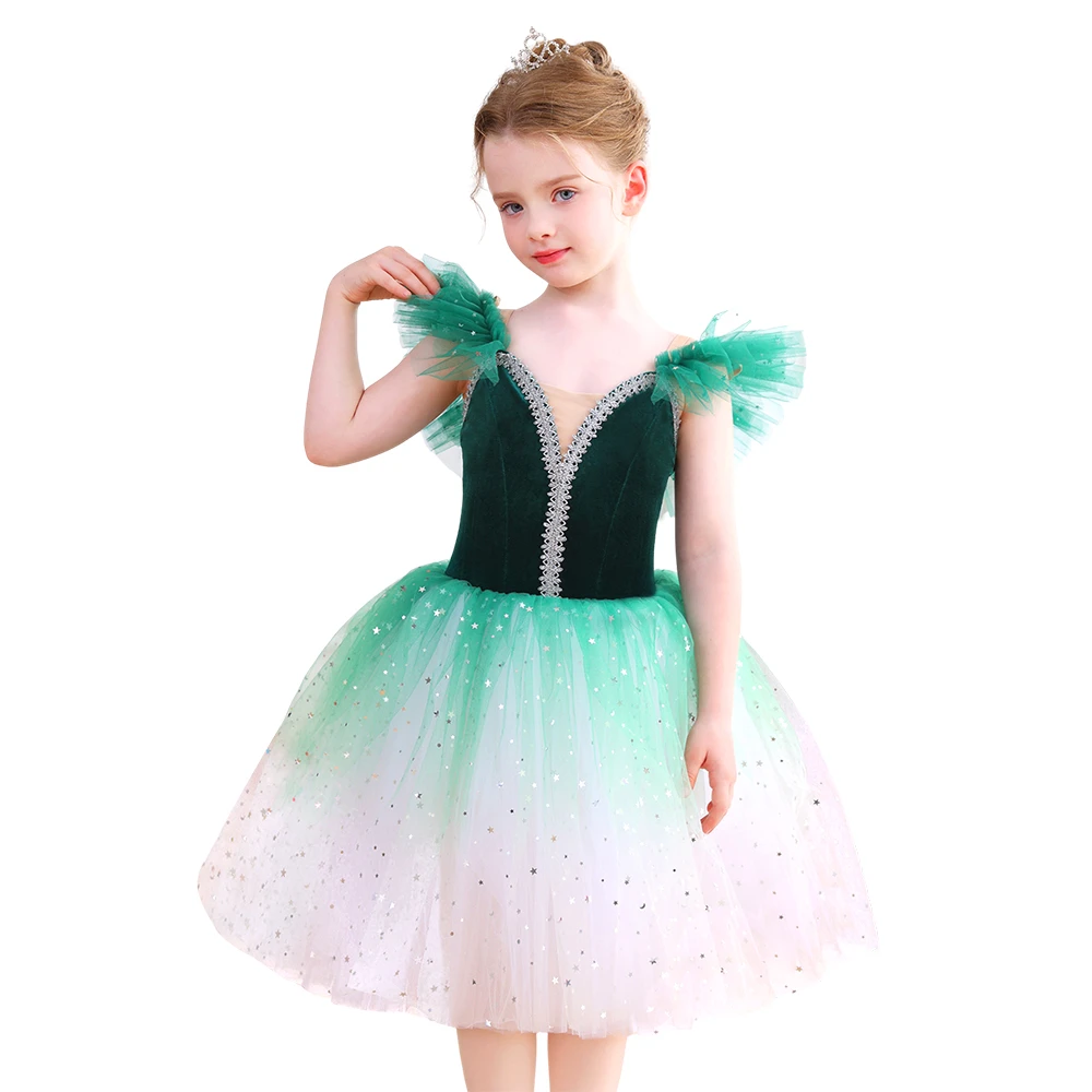 Robe Tutu de Ballet rouge ombr&eacute; scintillant pour filles, Costume de spectacle de danse en velours, C