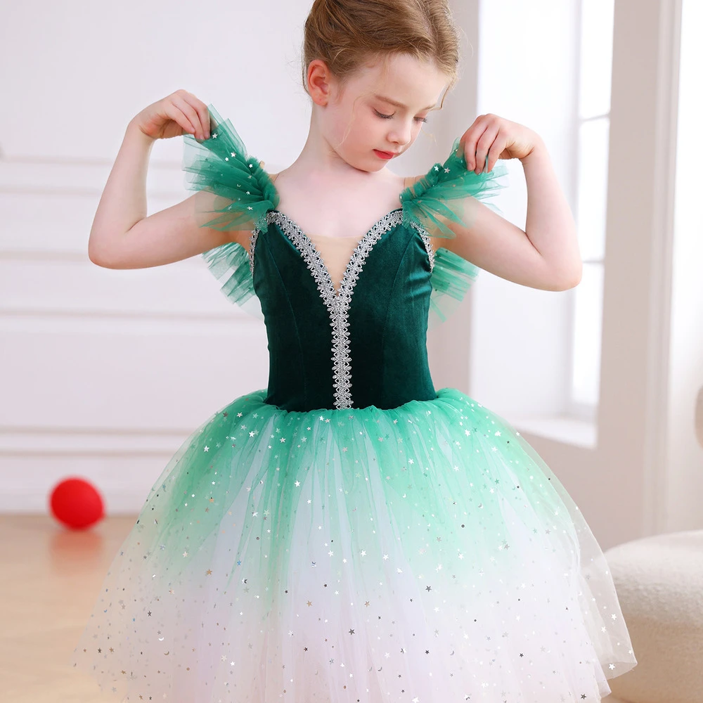 Robe Tutu de Ballet rouge ombr&eacute; scintillant pour filles, Costume de spectacle de danse en velours, C