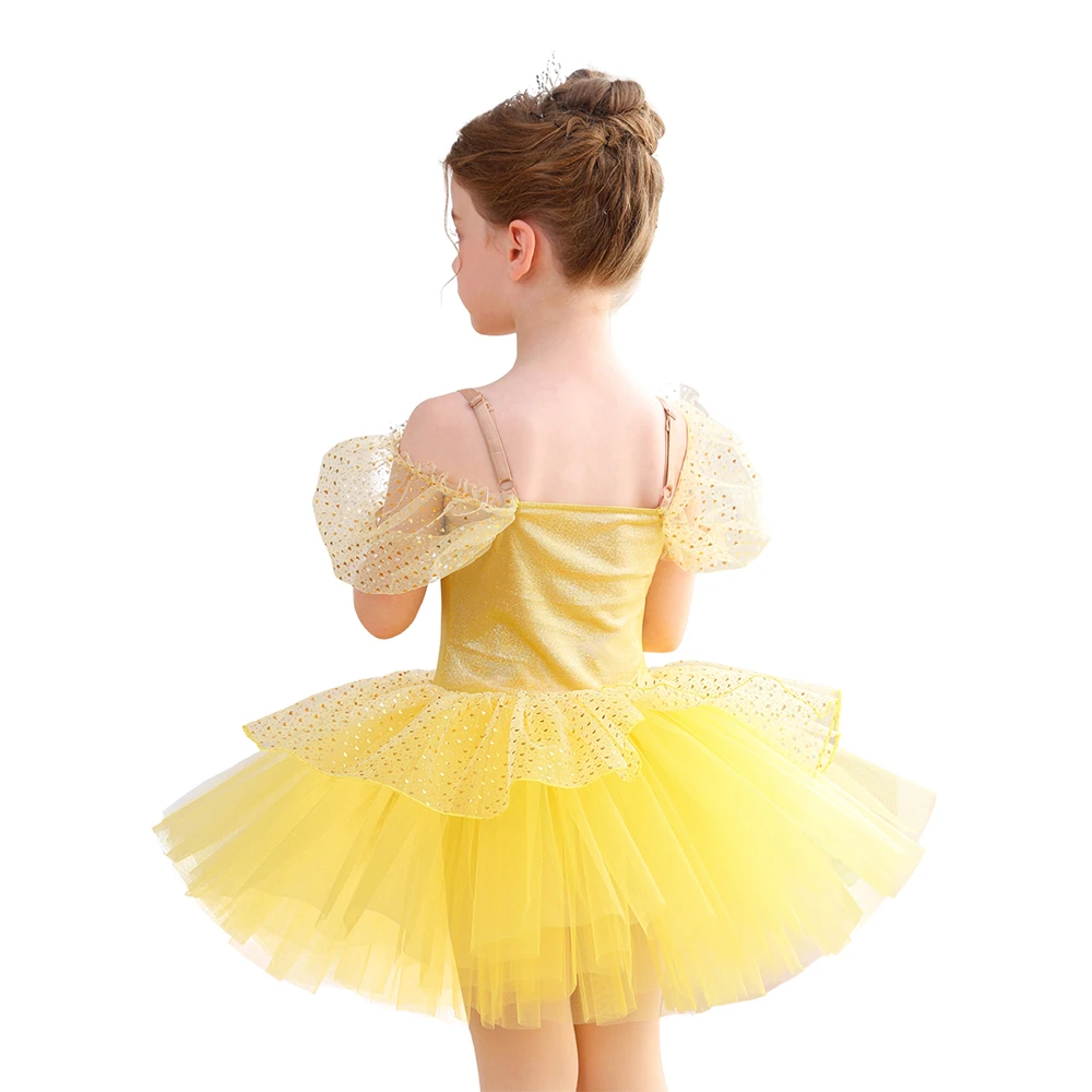 Robe Tutu de Ballet pour filles, &agrave; paillettes dor&eacute;es, &eacute;paules d&eacute;nud&eacute;es, princesse, spectacle sur sc&egrave;
