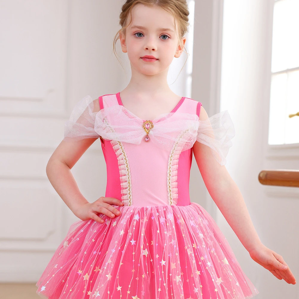 Robe Tutu de Ballet pour filles, rose vif, avec n&oelig;ud &agrave; paillettes, &eacute;toile, Costume de spectacle de p